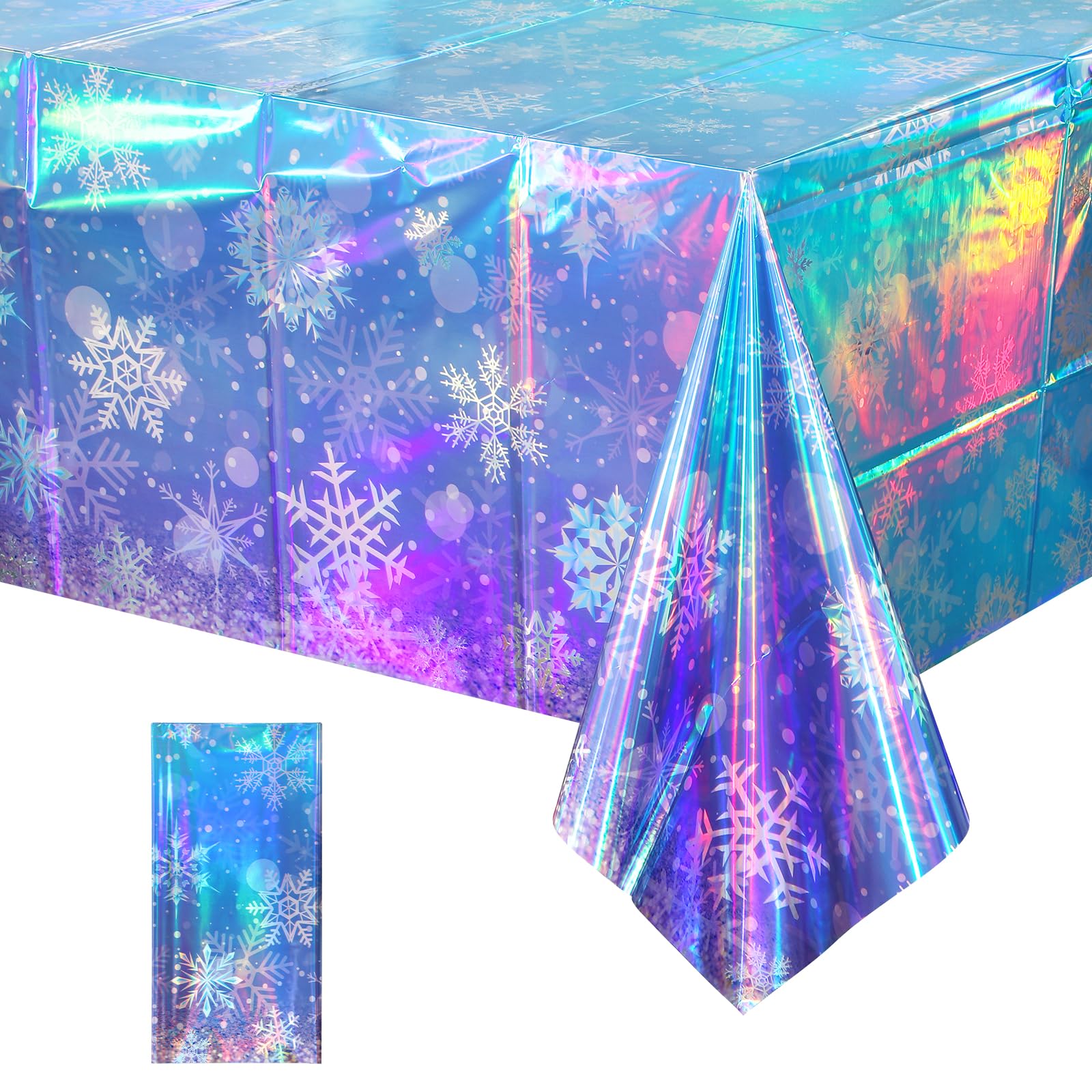 Photo 1 of 1 Pack Iridescent Winter Snowflake Plastic Tablecloth Decorations, Holographic Blue and Purple Snowflake Winter Wonderland Disposable Table Cover for Winter Holiday Birthday Decorations, 54x108 Inch