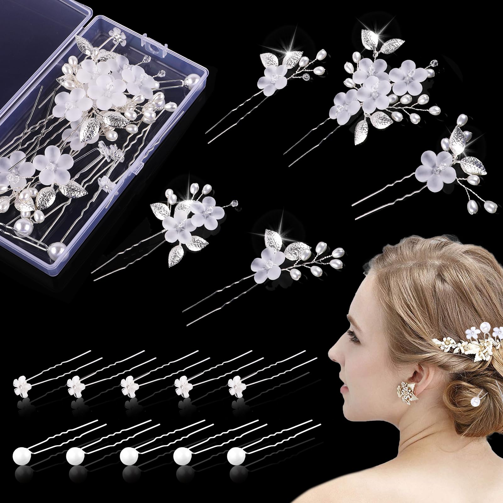 15 Pcs Bridal Hair Accessories - Silver Pearl and Floral Pins with Flowers for Bride and Bridesmaid (3 Styles)