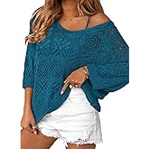 Zeagoo Women's Summer Crochet Off The Shoulder Hollow Out Knit Tops 2025 V Neck 3/4 Sleeve Sweater Top