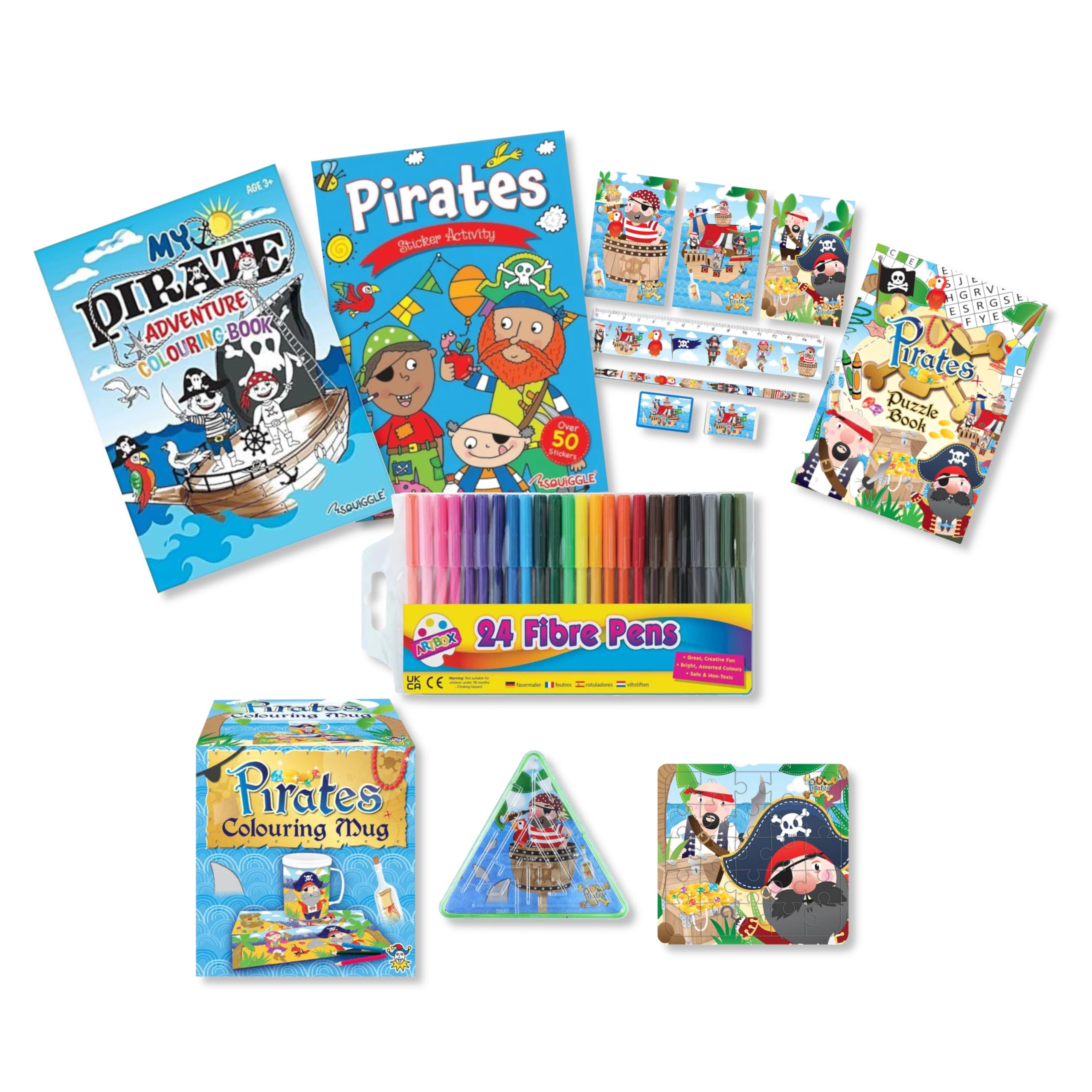 Anila's Mega Activity Set with Colouring, Sticker & Activity Books, Puzzles, Colouring Mug, Stationery & Felt Tip Pens Themes: Space Princess Unicorn Pirates Dinosaur (Perfect for Ages 3-8) (Pirate)