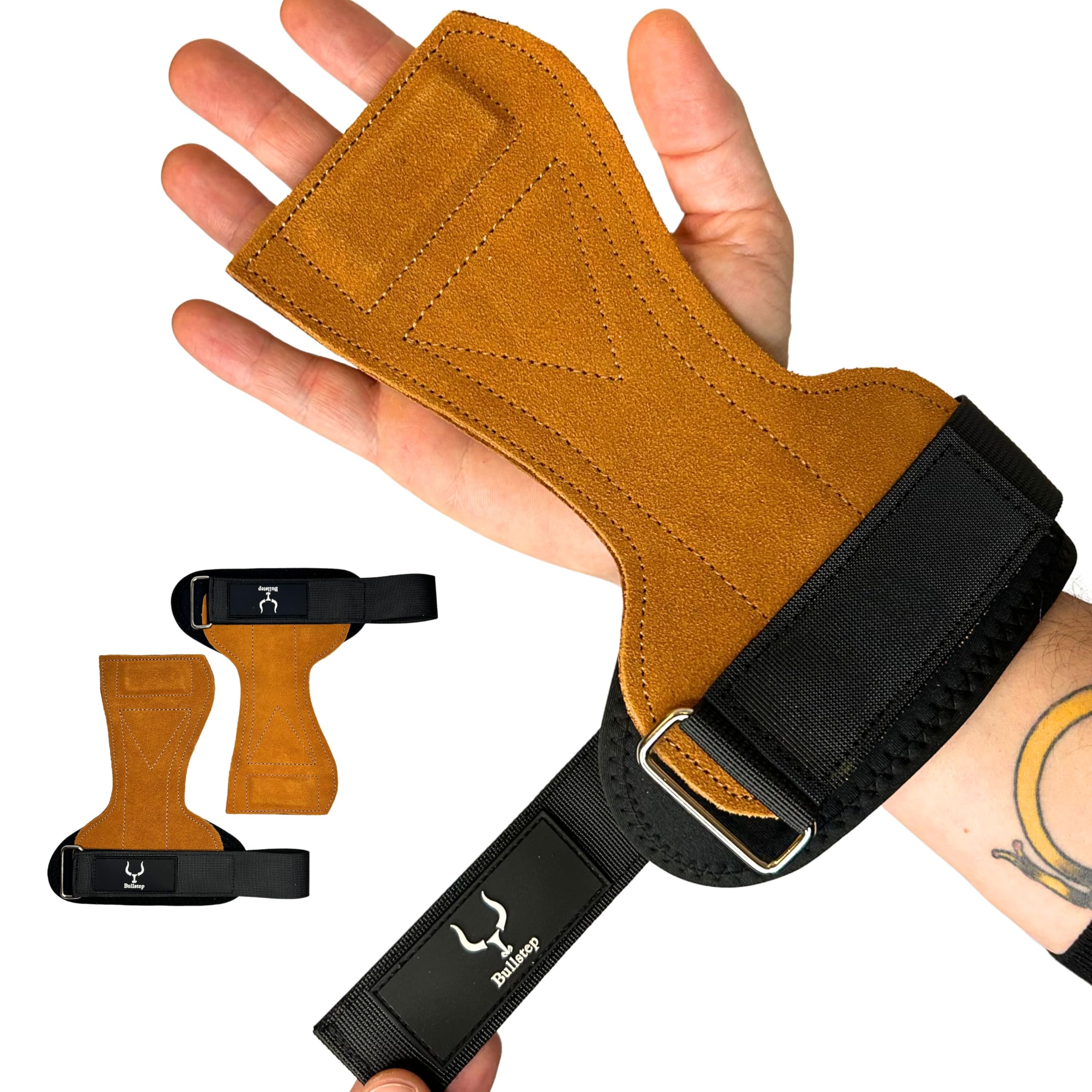 Bullstep® - Hand Grips For Weight Lifting in Cowhide Leather | Crossfit grips for Men and Women | Wrist Straps Weightlifting | Lifting Hooks for Pull up Deadlift Bodybuilding