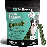 Pet Honesty Brush Buddies Vet Backed Dog Dental Chews, 15 Count | Award winning dog teeth cleaning chews for dogs 25-50 lbs, last 2x longer, no cellulose fillers, reduce plaque &amp; tartar
