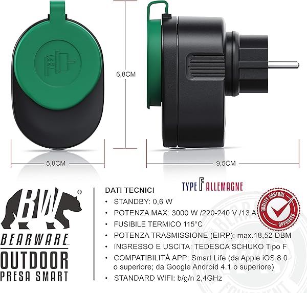 Bearware   Enchufe inteligente exterior   Toma WiFi inalmbrica   Monitor de energa   Temporizador   Control de voz o via app Smart Life Apple iOS Android   Compatible con Alexa Google Home IFTTT