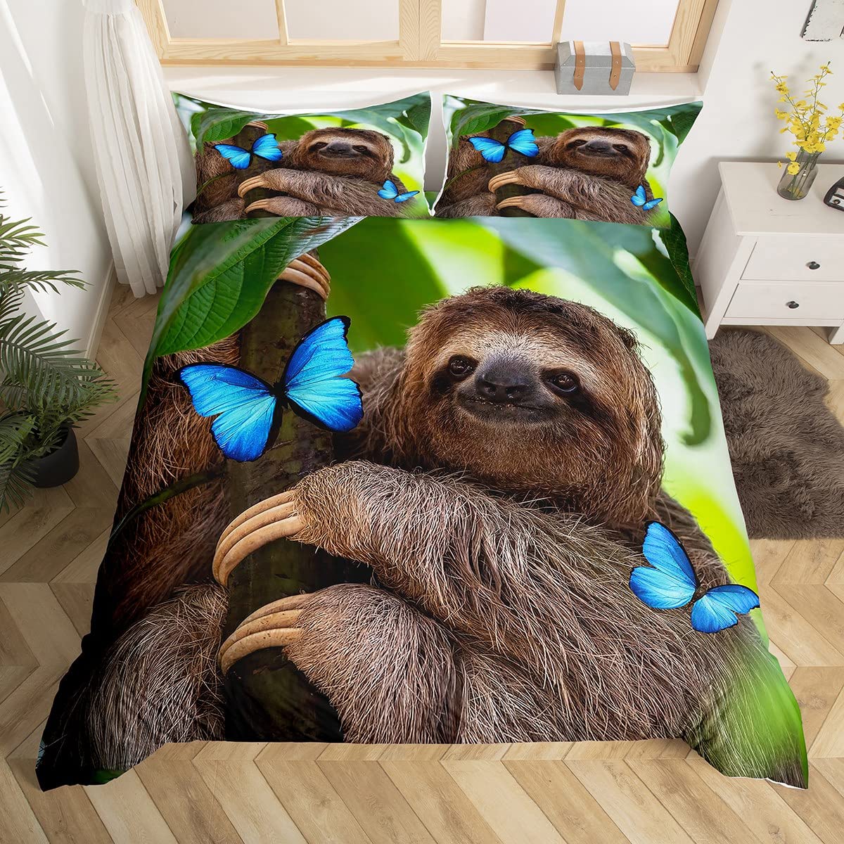 Sloth Butterfly Duvet Cover Set Cute Sloth Bedding Set for Kids Boys Girls Animal Bed Cover Cute Animal Duvet Cover Double Size