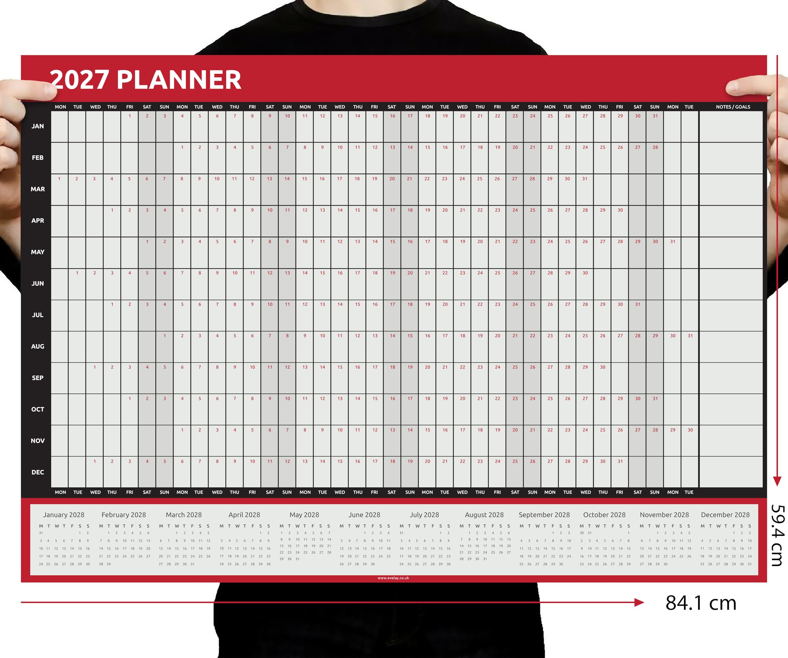 2027 Wall Planner A1 Full Year to View - Large 84cm x 59cm Calendar Foldable to A4 - Ideal for Home, Office, School & Planning (Red)