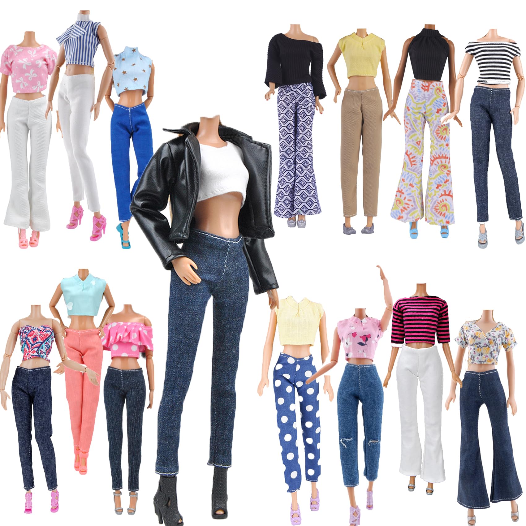 E-TING Lot 15 Items = 5 Sets Doll Clothes with 10 Pair Shoes Accessories for 11.5 Inch Girl Doll Outfits Random Style(Leather Jacket + Casual Wear)