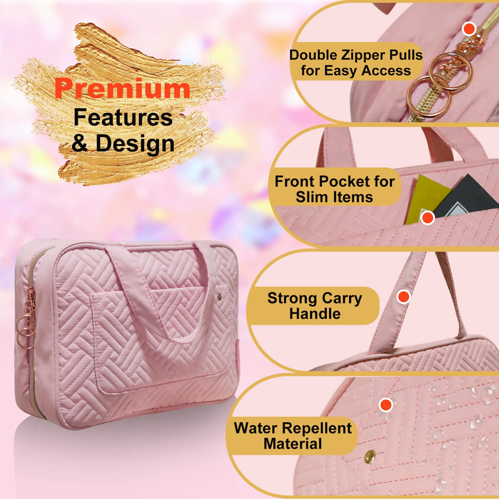 Toiletry Bag, Fashionable Hanging Bag for Women and Men, Foldable Hygiene Bag, Bathroom, and Shower Organizer Kit with Elastic Band Holders for Toiletries, Cosmetics, Makeup, Brushes (Pink)