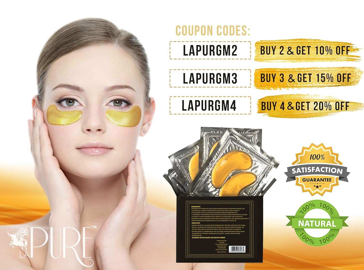 LA PURE 24K Gold Eye Treatment Masks - Under Eye Patches, Dark Circles Under Eye Treatment, Under Eye Bags Treatment, Eye Mask for Puffy Eyes, Anti-Wrinkle, Undereye Dark Circles, Gel Pads 15 Pairs : Beauty