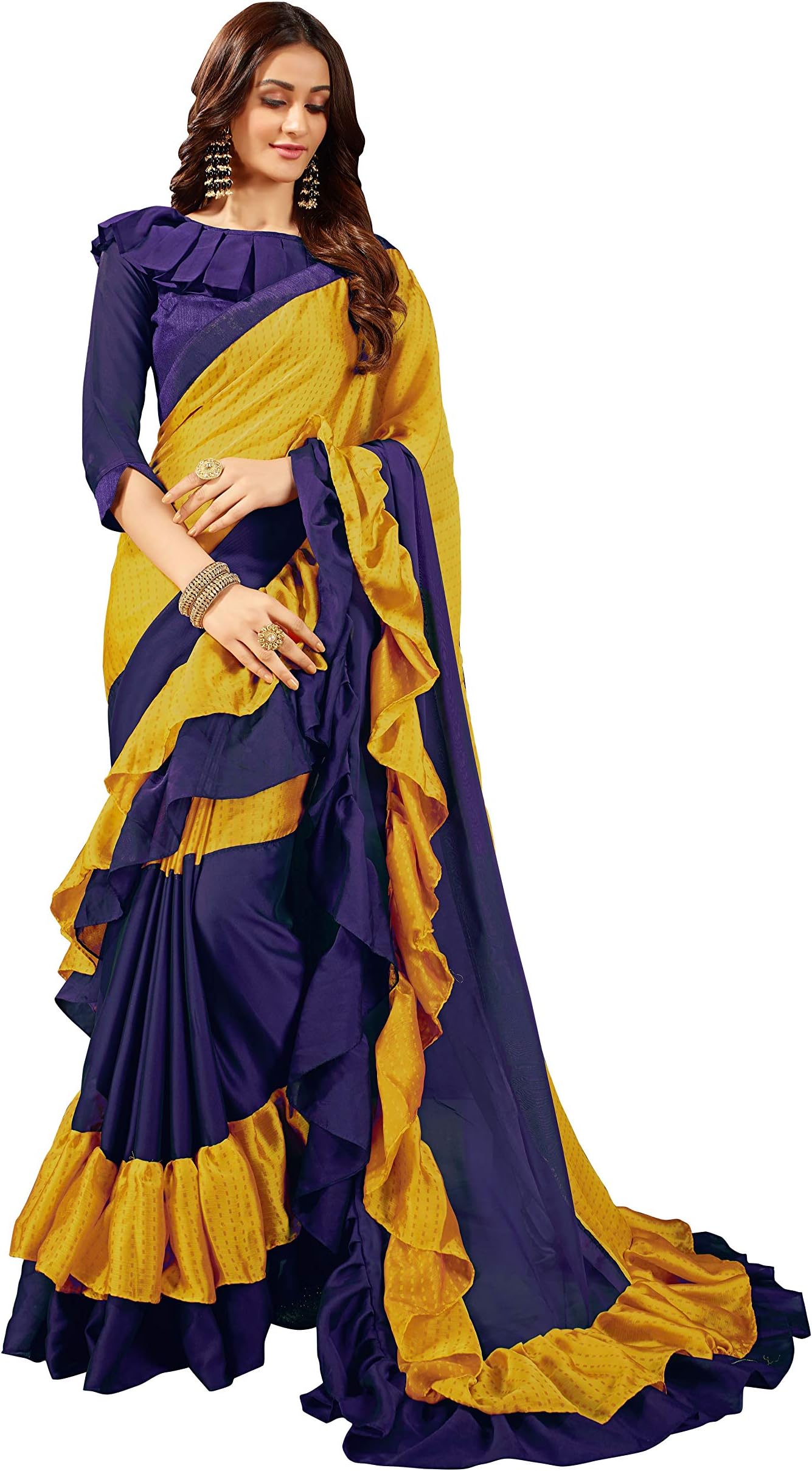 Women's Kota Doria Georgette Saree With Blouse Piece (MN627_Yellow & Blue)