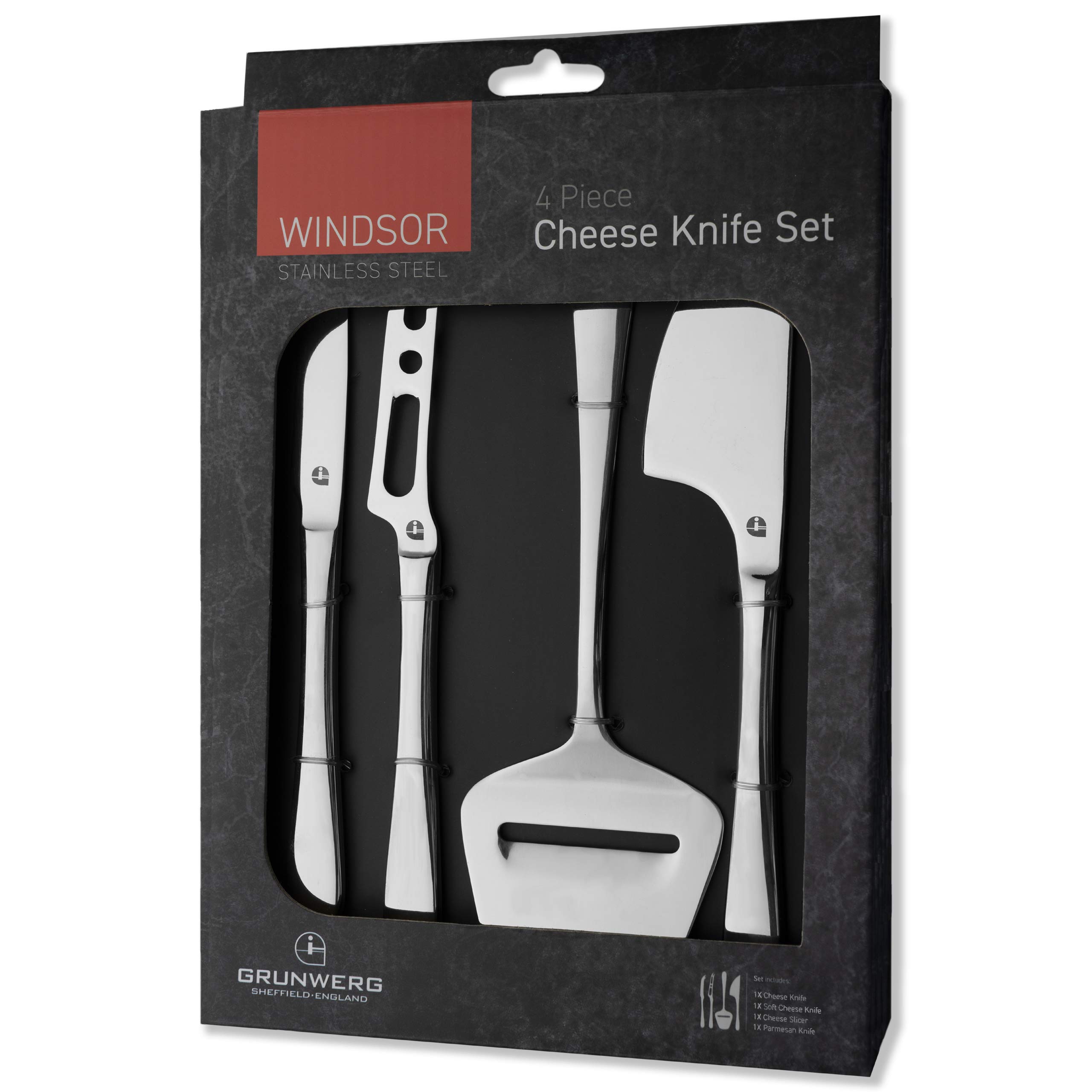 Grunwerg Windsor Carded 4-Piece Stainless Steel Cheese Knife Set 4BXCHKWDR, 18/0 Stainless Steel, Silver