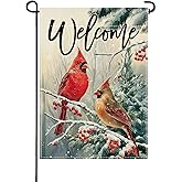 Artofy Welcome Winter Cardinal Small Decorative Garden Flag, Red Birds Snowy Pine Tree Berries Yard Lawn Outside Decor, Christmas Seasonal Burlap Outdoor Home Decoration Double Sided 12 x 18