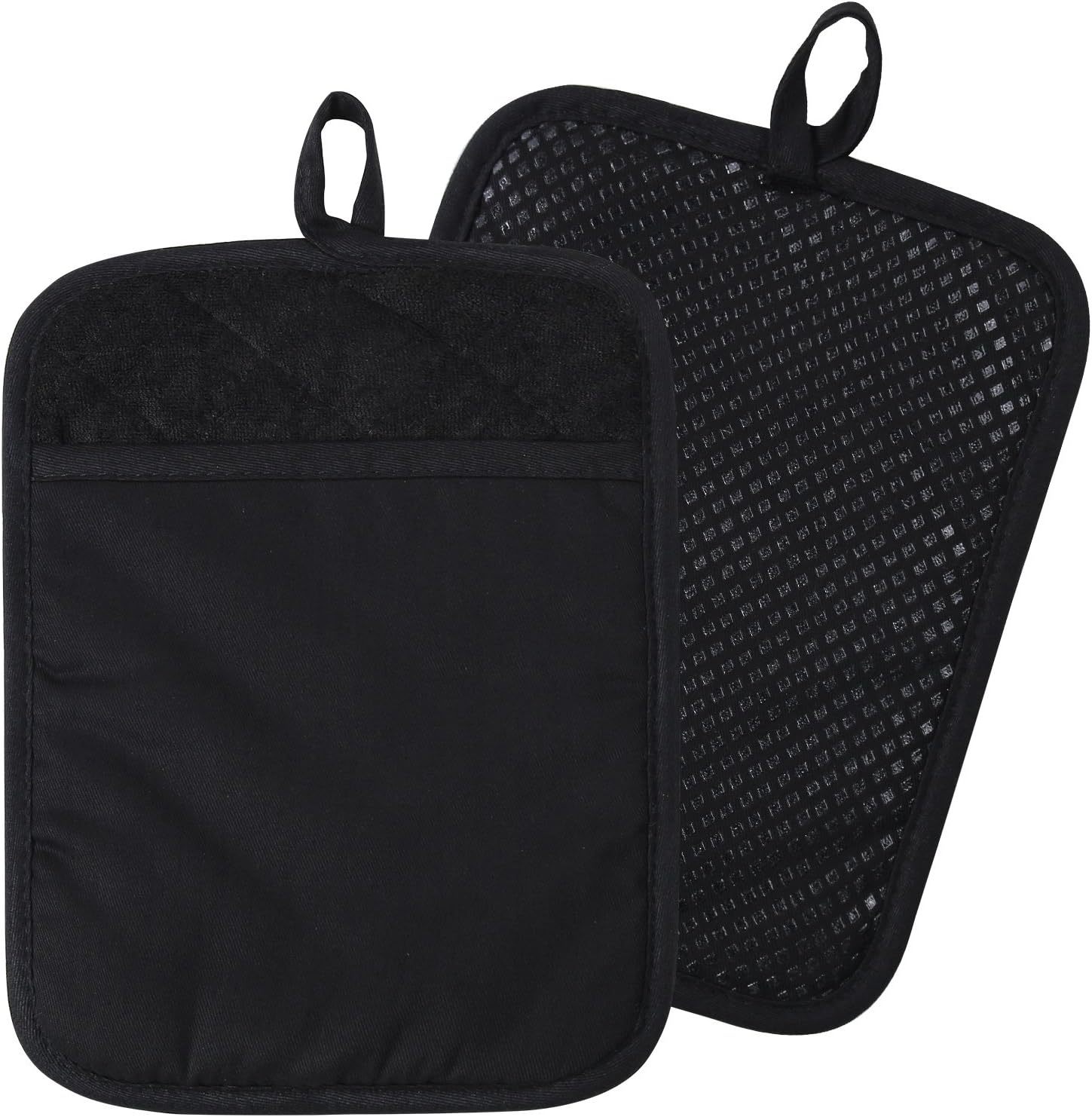 100% Cotton with Silicone Kitchen Everyday Basic Pot Holder Heat Resistant Coaster Potholder Oven Mitts with Pocket for Cooking and Baking Set of 2 Black: Home & Kitchen
