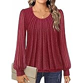Timeson Women's Long Sleeve Scoop Neck Pleated Front Fitted Blouse Tops