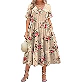 IN'VOLAND Womens Plus Size Short Sleeve Dress Summer Midi Casual Tiered V-Neck Aline Flowy Loose Dresses with Pockets