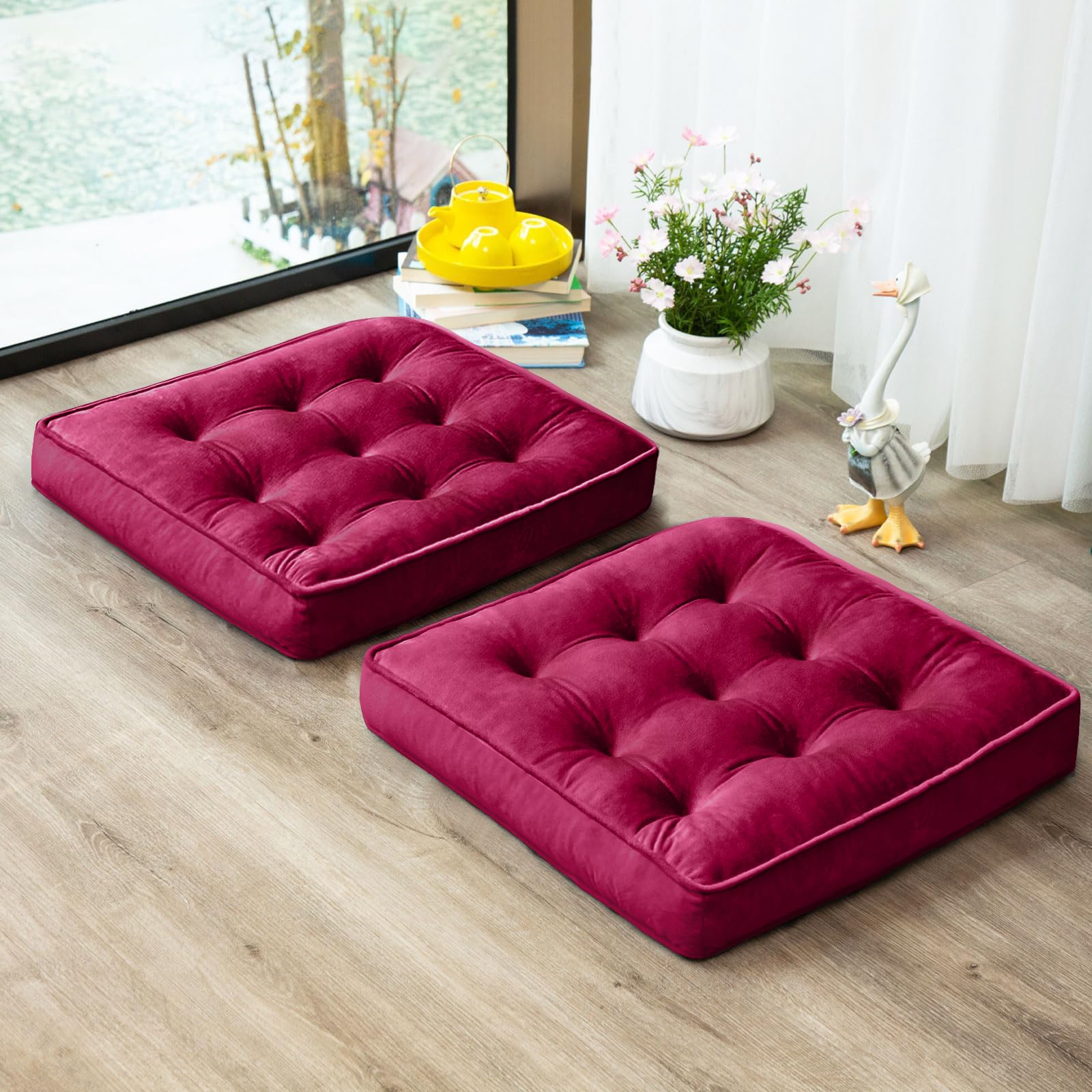 Photo 1 of 1 MIDDLE ONE Floor Pillow Set of 2, Memory Foam Meditation Cushion, Floor Cushions for Adults Sitting, Large Square Seat Cushions for Yoga, Living Room, 20x20 Inch (Burgundy)