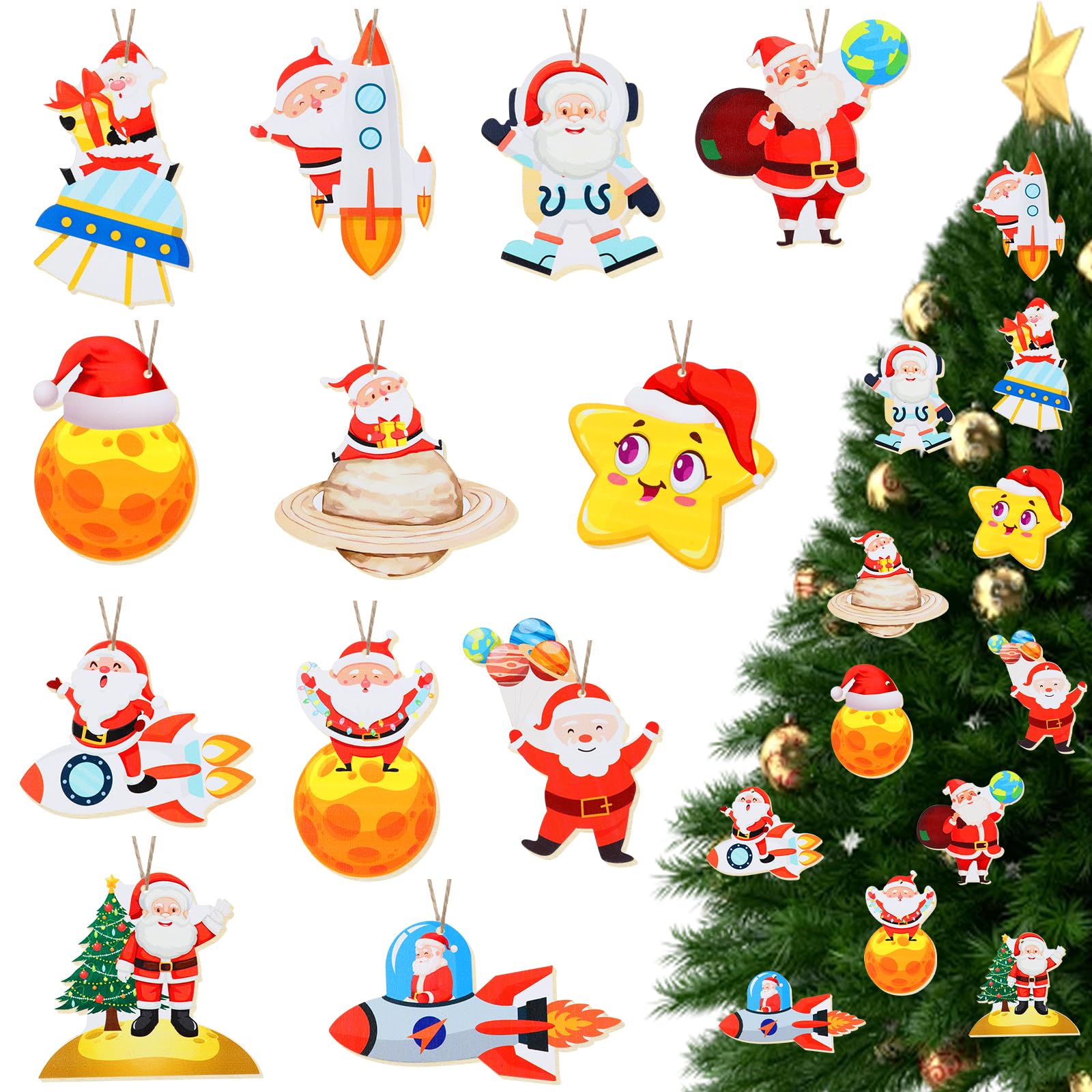 Cheereveal Wooden Christmas Space Hanging Ornaments, Xmas Moon Rocket UFO Hanging Pendant Trees Home Decorations, Wood Winter Holiday New Year Space Party Decor Supplies