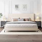 Furnihome King Size Bed Frame, Modern Upholstered Bed Frame King with Adjustable Linen Headboard, Wooden Slats Support Platform, No Box Spring Needed,Easy Assembly,Beige