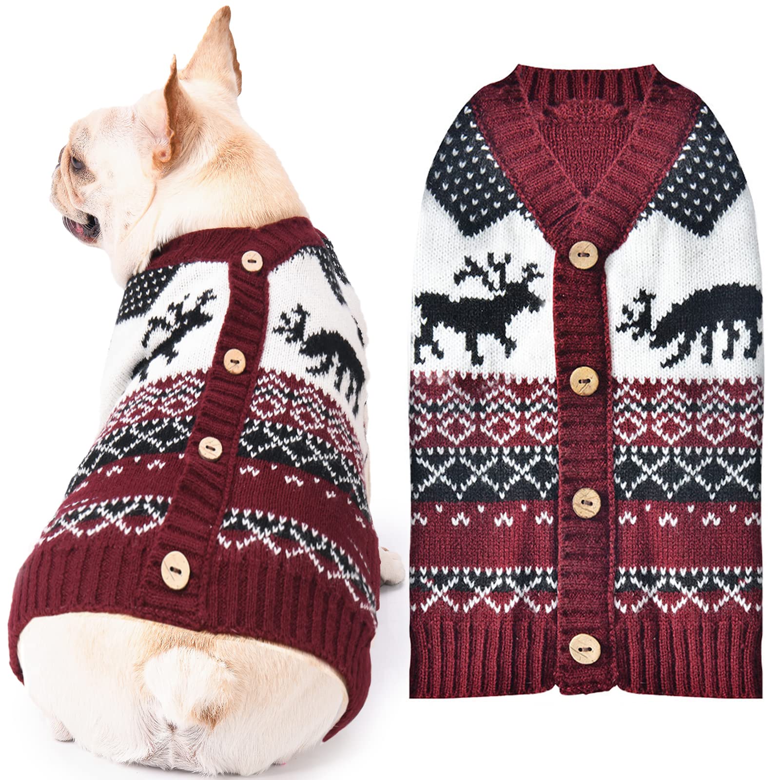 ABRRLO Dog Christmas Jumpers XS Small V Neck Puppy Xmas Jumper Cute Elk Red Doggy Cat Christmas Sweater Knitted Outfits for Small Medium Large Dogs (Wine Red Reindeer,XXL)