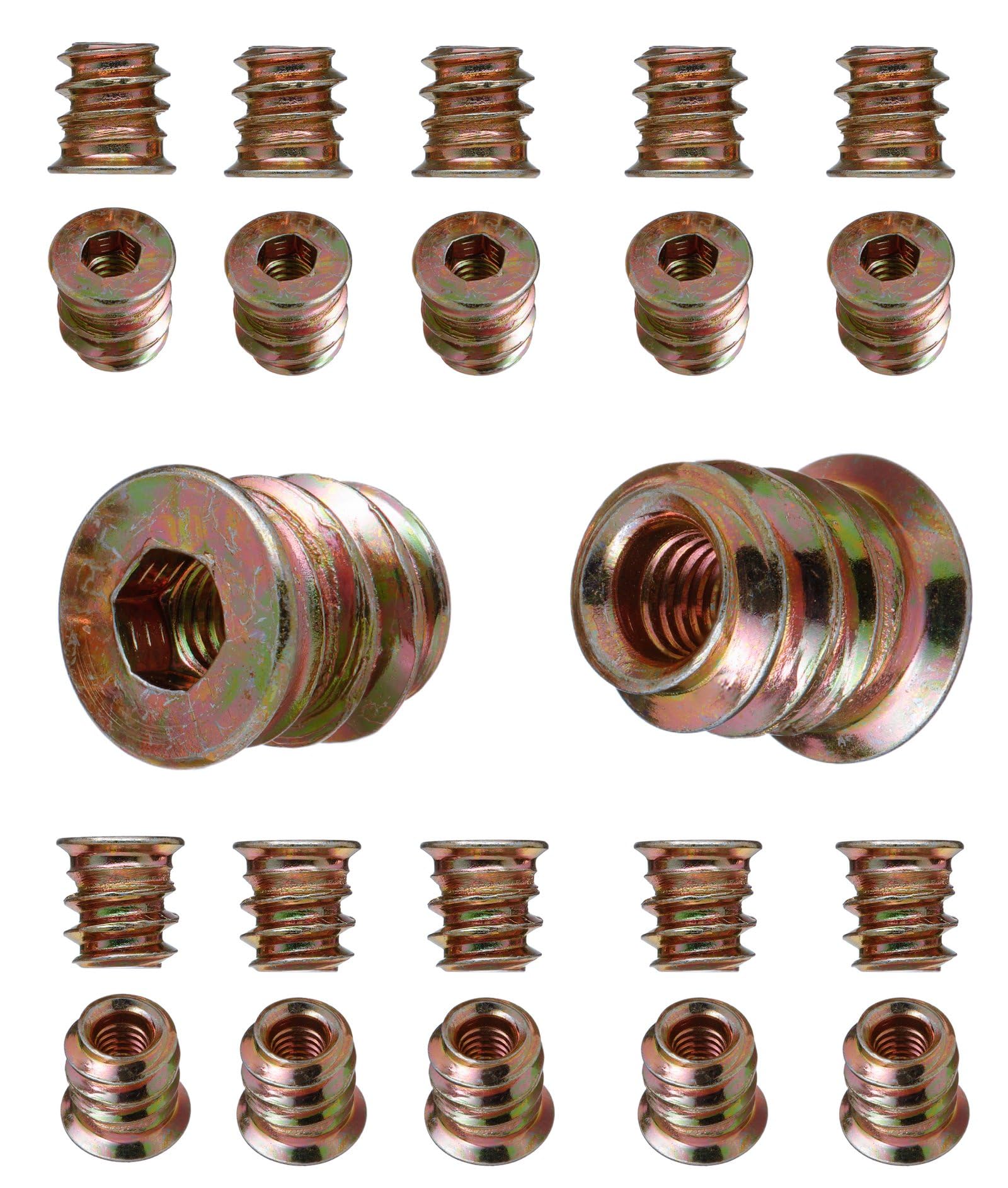 YoiYee Heavy Duty Wood Furniture M4 x 10mm Threaded Insert Nuts Interface Hex Socket Drive Zinc Yellow Passivated - 22pcs