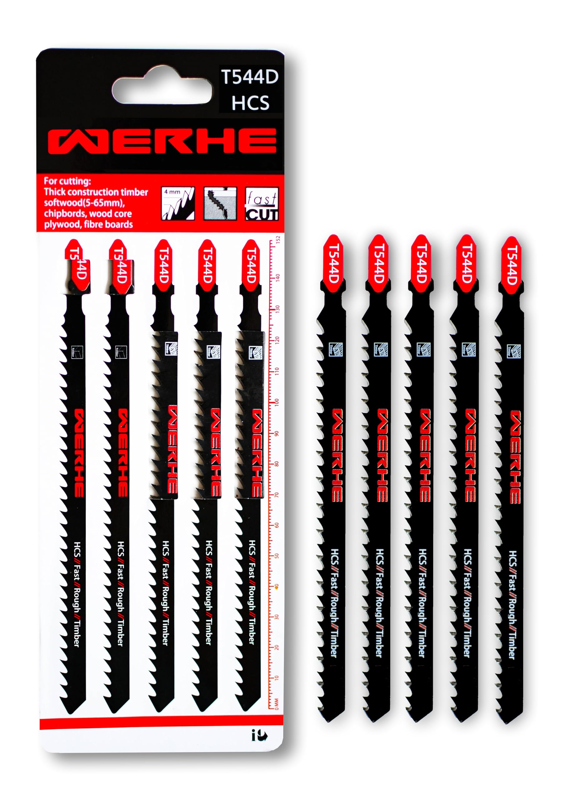 WERHE ® Professional - 5 x Wood Jigsaw Blades - C 152mm T544D Extra Long - Fast Cutting thick layers - Compatible with Bosch, Metabo, Milwaukee, Makita Jigsaws