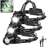 Kungf 3Pack Rechargeable Headlamp Super Bright, 99000 Lumens LED Head Lamp with 3 Modes, 90°Angle & Adjustable Focus Head Lights for Forehead, IPX6 Waterproof HeadLamps for Adults Camping Hiking
