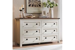 T4TREAM Farmhouse 6 Drawers Dresser for Bedroom, Wood Rustic Wide Chest of Drawers, Storage Dressers Organizer for Bedroom, Living Room, Hallway, Antique White