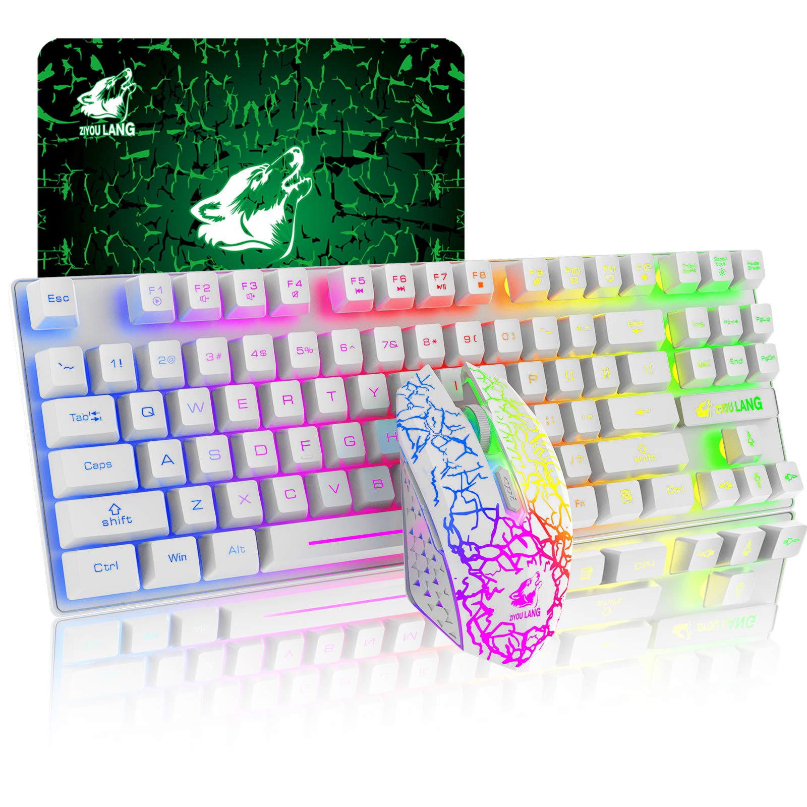 T87 Upgrade 87 Keys Wireless Keyboard Mouse Combo, Rainbow Backlit 2.4G Rechargeable Mechanical Feel Gaming Keyboard +2400DPI 6 Buttons Optical Rainbow LED Gaming Mouse+Free Gaming Mouse Pads (White)