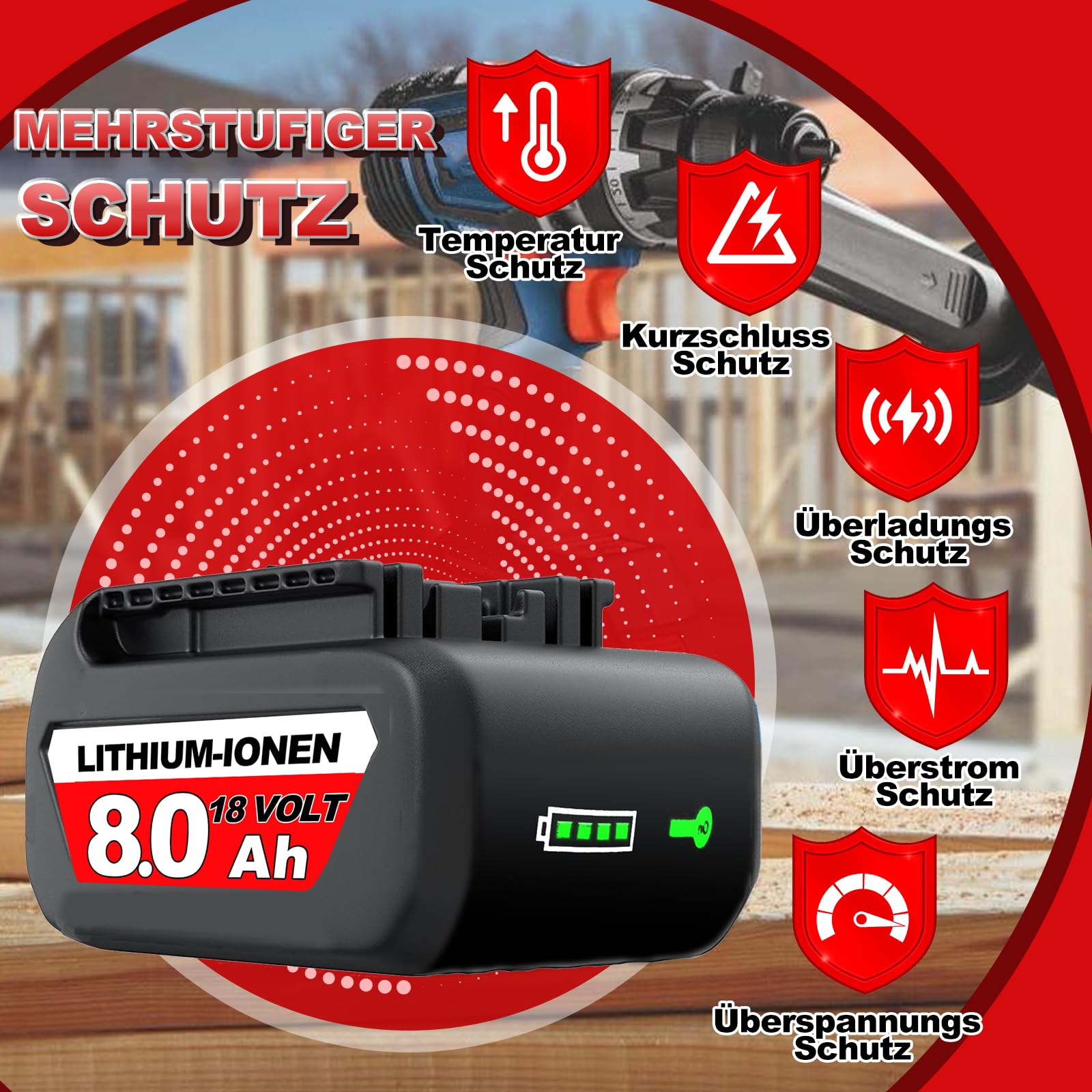2 Stück 8000mAh 18V Lithium-Ionen Ersatzakku für Bosch Akku Kompatibel mit Bosch 18V Akku Serie BAT609 BAT609G BAT618 BAT618G BAT619 mit LED-Ladeanzeige für Bosch Professional Werkzeuge (2P) 5