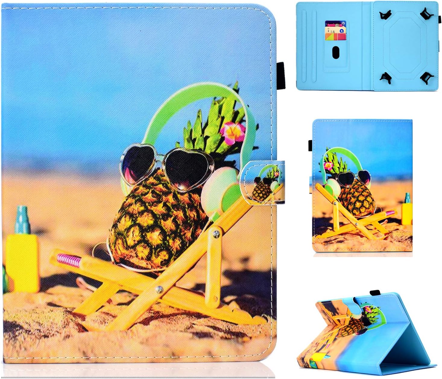 HereMore Universal Case for 9-10.1 Inch Tablet, Leather Stand Cover Protective Shell for Fire HD 10, Huawei MediaPad T3/T5 10, Fusion5 10.1", Galaxy Tab A 10.1/Tab E 9.6, Lenovo Tab 3 10.1, Pineapple