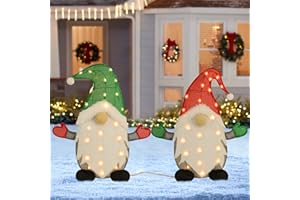 WATERGLIDE Set of 2 Lighted Christmas Tinsel Gnomes Decorations, 24 Inch Pre-Lit Light Up 2D Stacked Gnome with Incandescent Lights, Indoor Outdoor Festive Xmas Holiday Garden Yard Lawn Decor