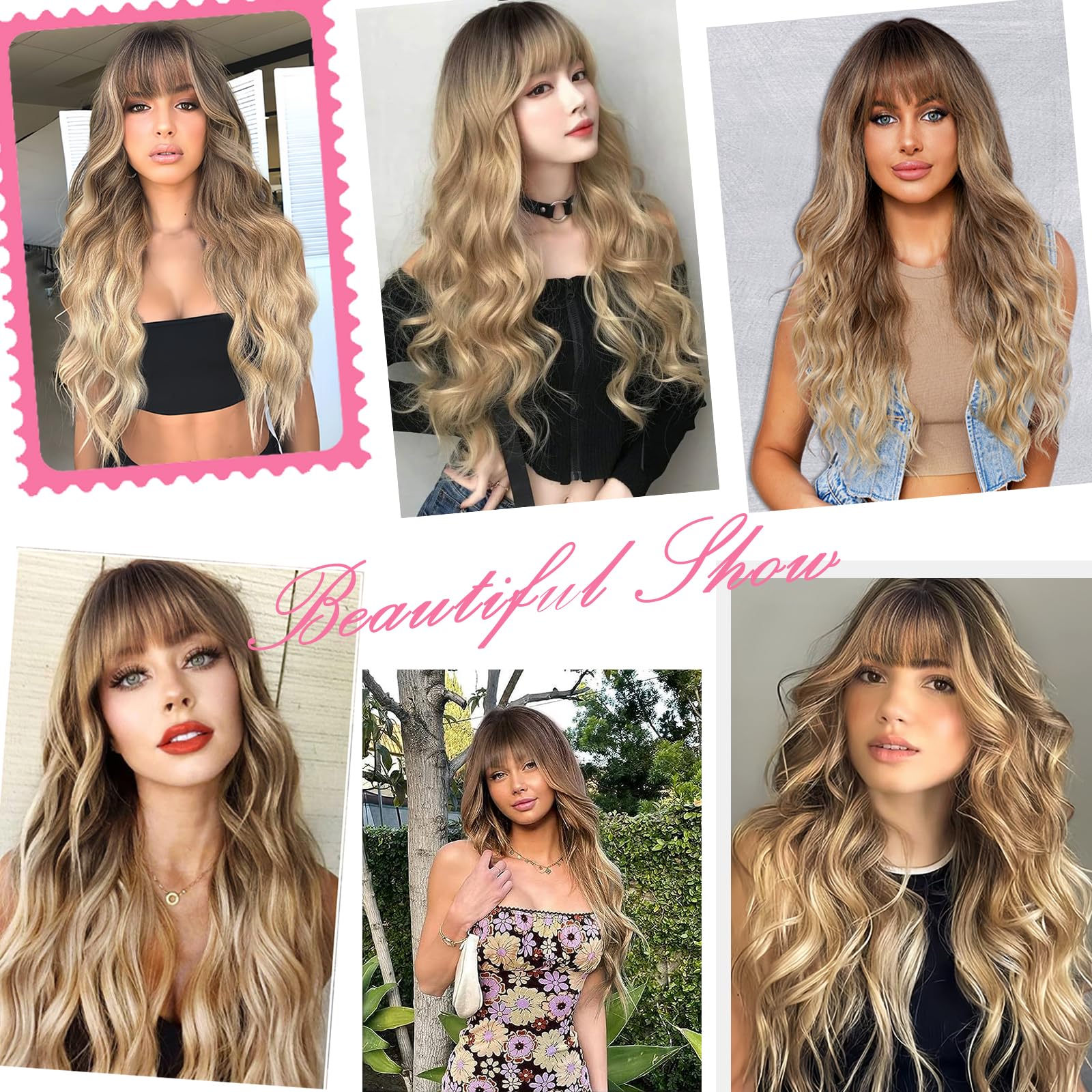 POPTAIYU Dirty Blonde Wig with Bangs Long Blonde Wavy Wigs for Women Synthetic Curly Wavy Wigs with Dark Root Heat Resistant Wig for Daily Party Use 26 Inches (Dirty Blonde)