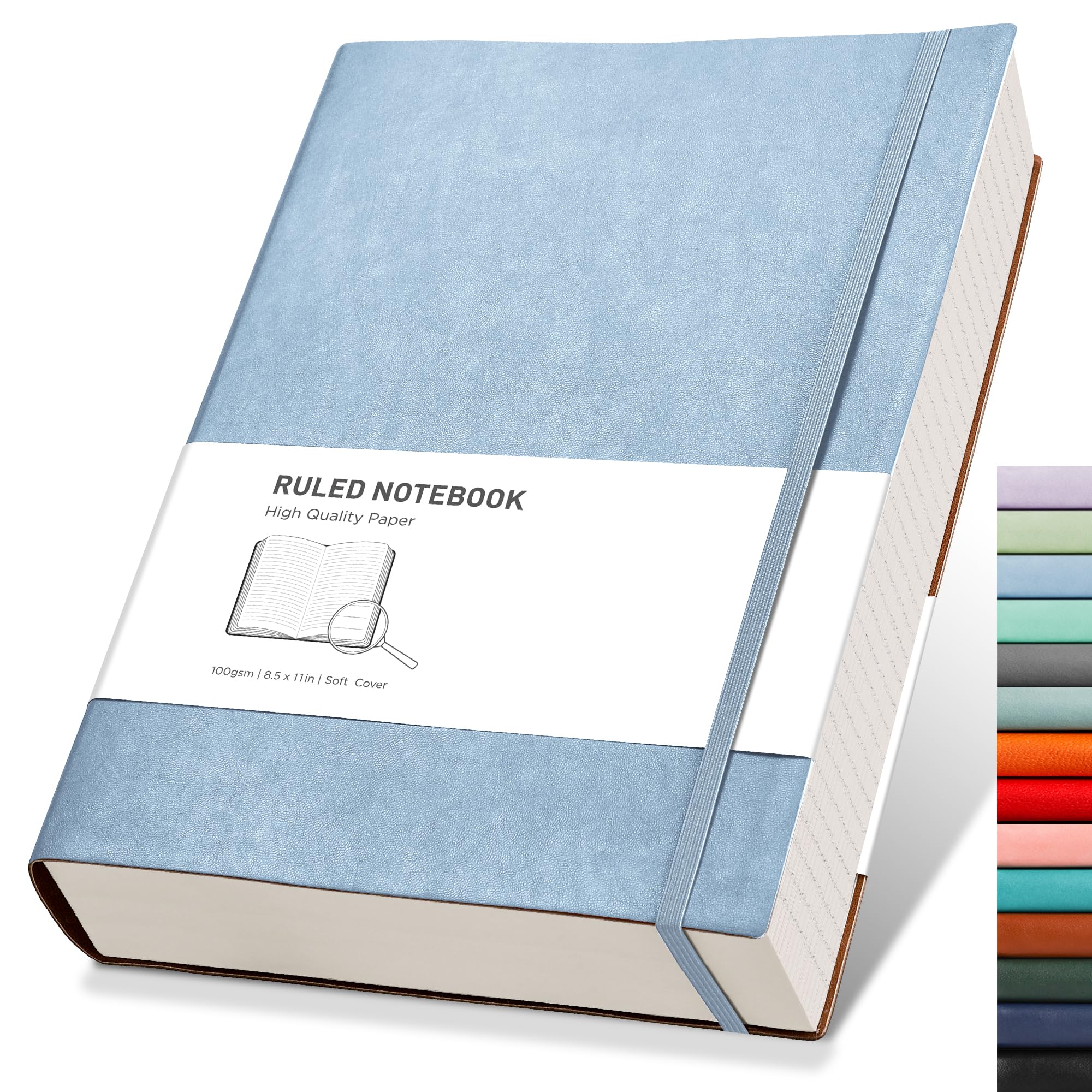 RETTACY A4 Lined Notebook College Ruled/Thick Journal - Extra Large Softcover Composition Notebooks with 2 Free Sticky Notes 320 Pages,Faux Leather, Inner Pocket 21.5 x 27.9cm - Light Blue