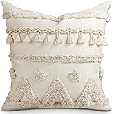 Kokaaee Throw Pillow Covers 18x18 - Tufted Boho Decorative Pillow Cover with Zipper for Couch Sofa Bed Living Room Aesthetic Soft Farmhouse Textured Striped Indoor Pillowcase, Cream Tassel