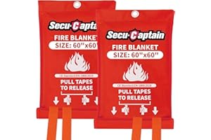 SecuCaptain Emergency Fire Blanket for Home - 2 Pack 60"x60" X-Large Flame Retardant Blankets with Fireproof Tabs for House Camping Kitchen Fire Protection Survival Safety