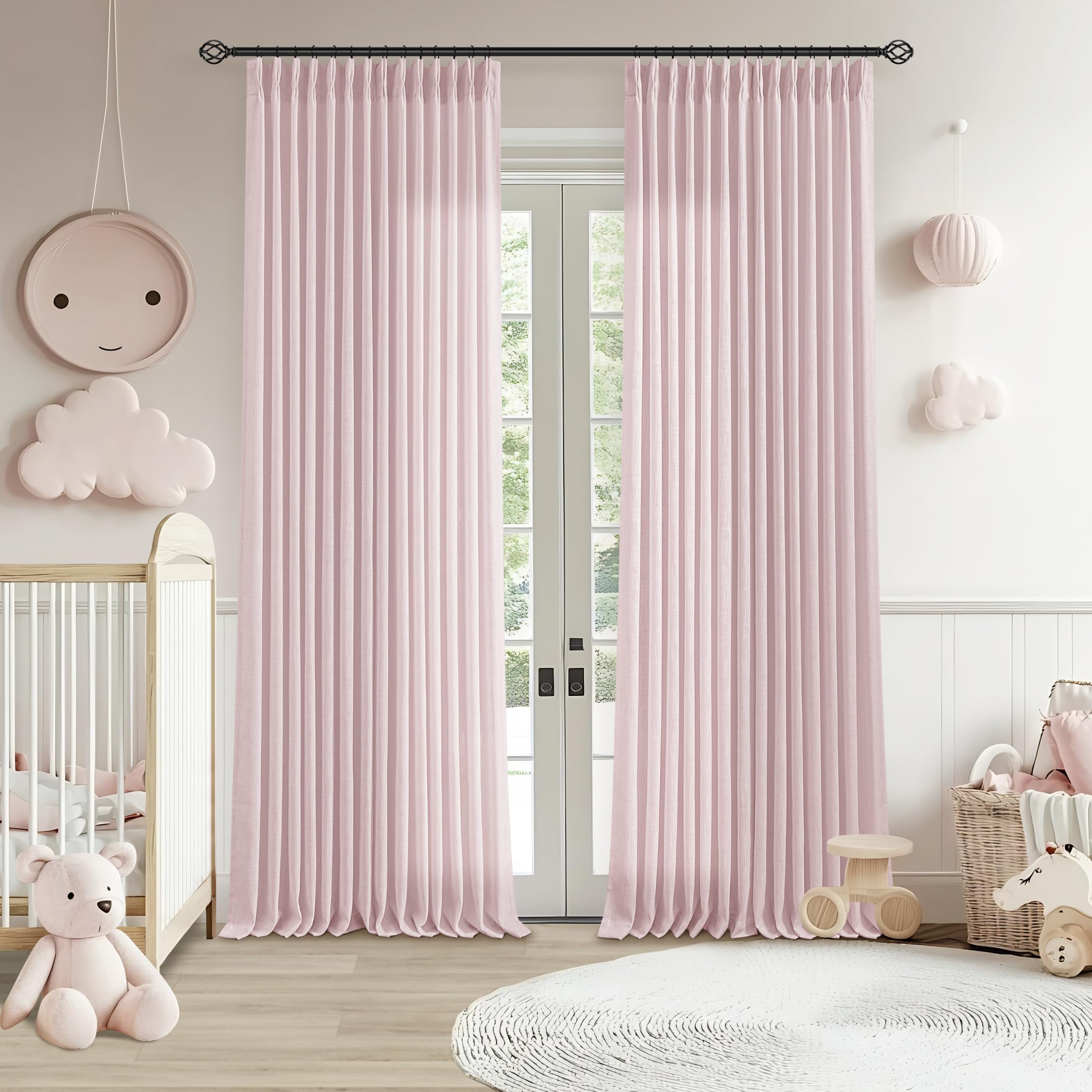 Photo 1 of Pinch Pleated Pink Linen Curtains 120 Inches Long for Girls Bedroom Living Room Light Filtering Extra Long Pleated Semi Sheer 120 Inch Curtains Drape Window Panels Pink Blush Babys Nursery
