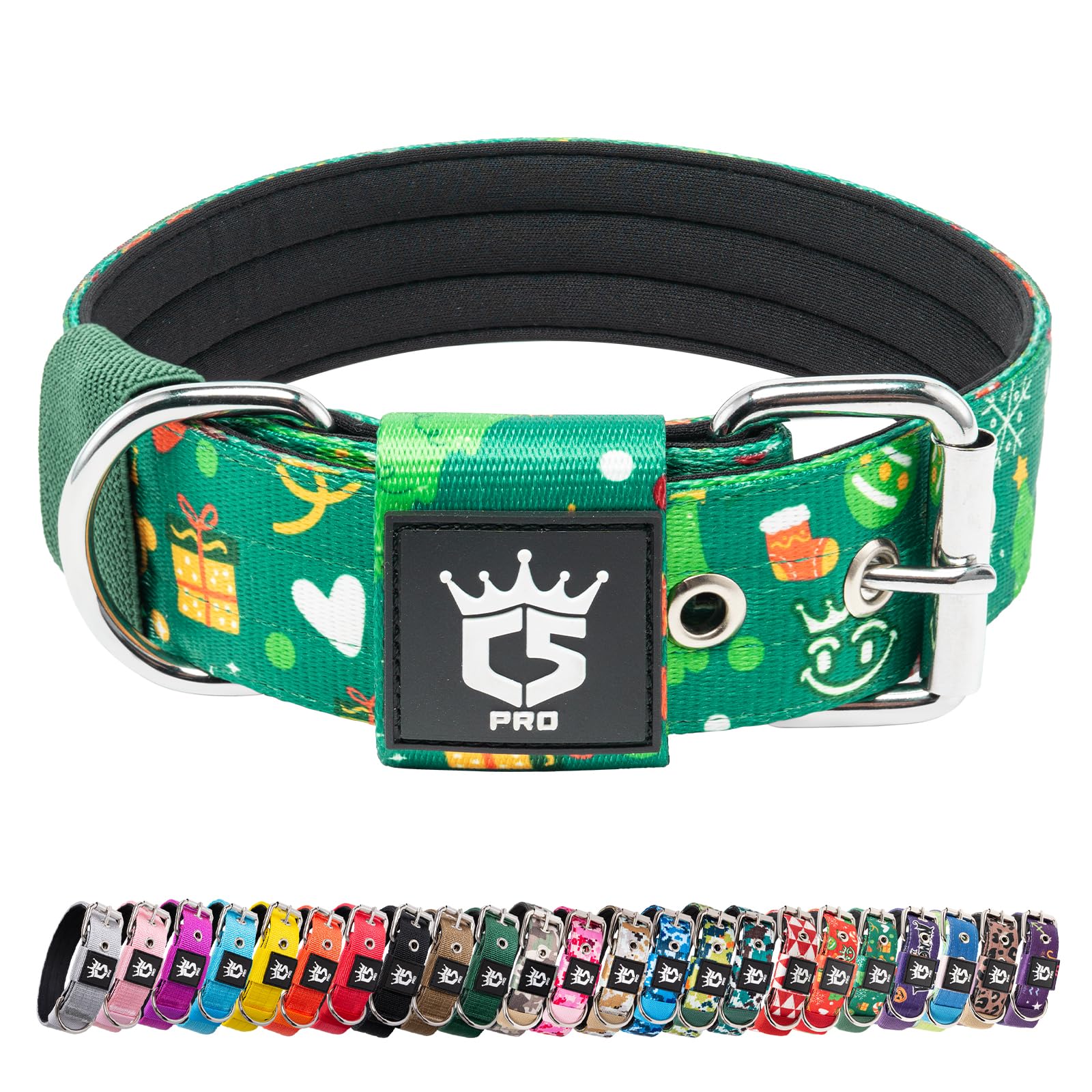 TSPRO Heavy Duty Tactical Dog Collar 1.5" Wide, Padded Dog Collar with Metal Buckle, Adjustable for Walking Training Outdoor for Medium Large Dogs (Christmas Green, M) — image 1