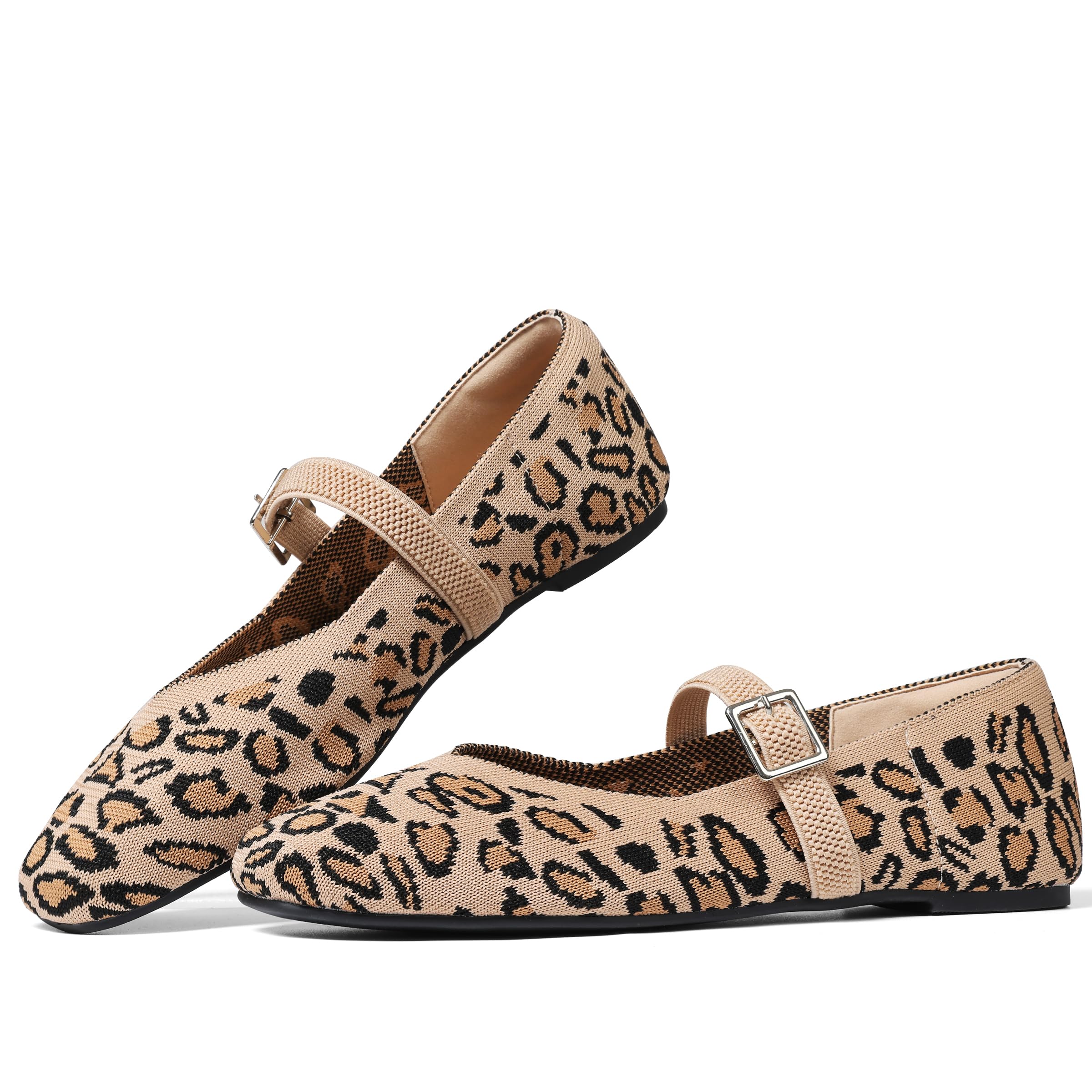 CELNEPHO Leopard Mary Jane Flats for Women Square