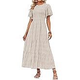 ZESICA Women's 2026 Summer Casual Floral Print Short Flutter Sleeve Crew Neck Smocked High Waist Flowy Maxi Dress