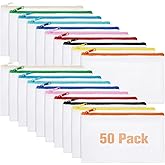 Frienda 50 Pack Blank Canvas Bag Bulk Small Zipper Pencil Pouch Multipurpose DIY Canvas Pencil Cosmetic Toiletry Bag for Valentine's Galentines Day Gift Travel Stationary(White with Colorful Zipper)