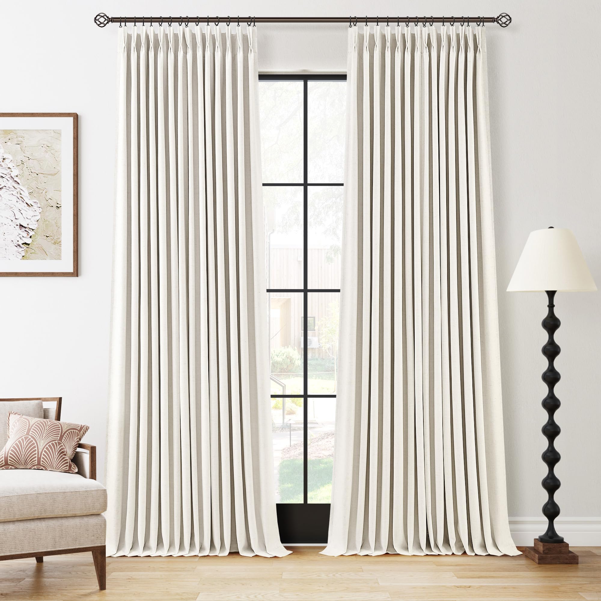 Photo 1 of 100% Blackout Pinch Pleated Curtains Linen 90 Inches Long for Bedroom 2 Panels Set Full Black Out Thermal Insulated Curtain Natural Boho Farmhouse Pinch Pleat Double Layer Room Darkening Drapes Cream