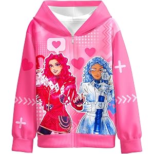 Difforever Girls Red Blue Pink Zip-Up Hoodie Jacket Kids 5-12Y | Wonderland Inspired Character Print, Soft Lightweight Hoodie