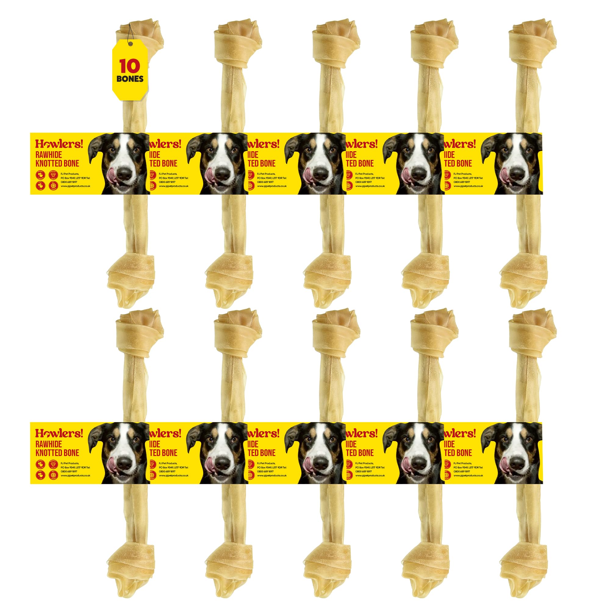 HOWLERS 31cm Pack of 10 Natural Knotted Dog Bone For Dogs | Dog Chews Long Lasting Natural Rawhide Bones | Dog Chew Great With Natural Ingredients