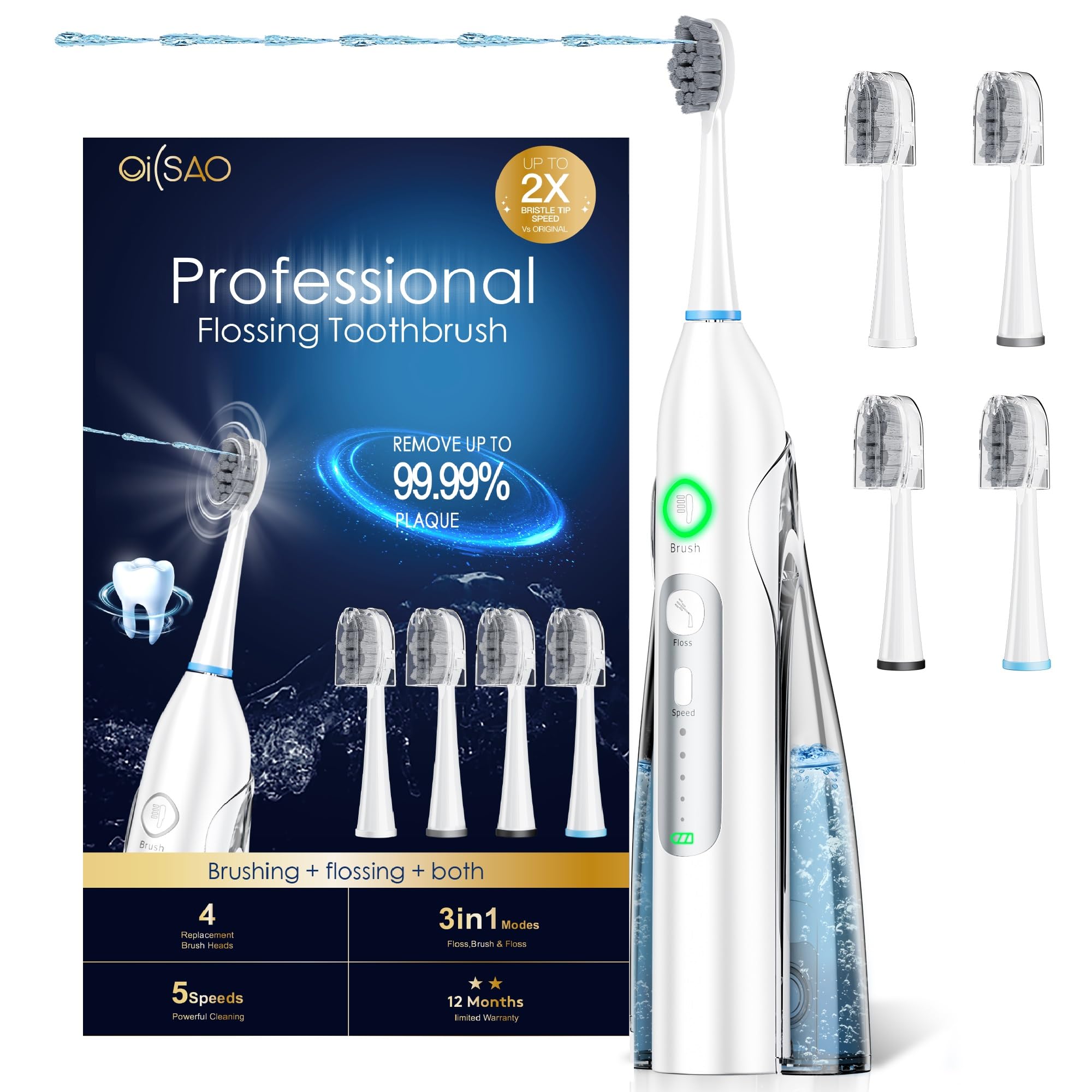 Photo 1 of OILSAO Electric Toothbrush with Water Flosser, All in One Sonic Flossing Toothbrush with 3 Modes & 5 Flossing Speeds & 4 Brush Heads, Rechargeable & Portable for Adult Teeth Cleaning,White