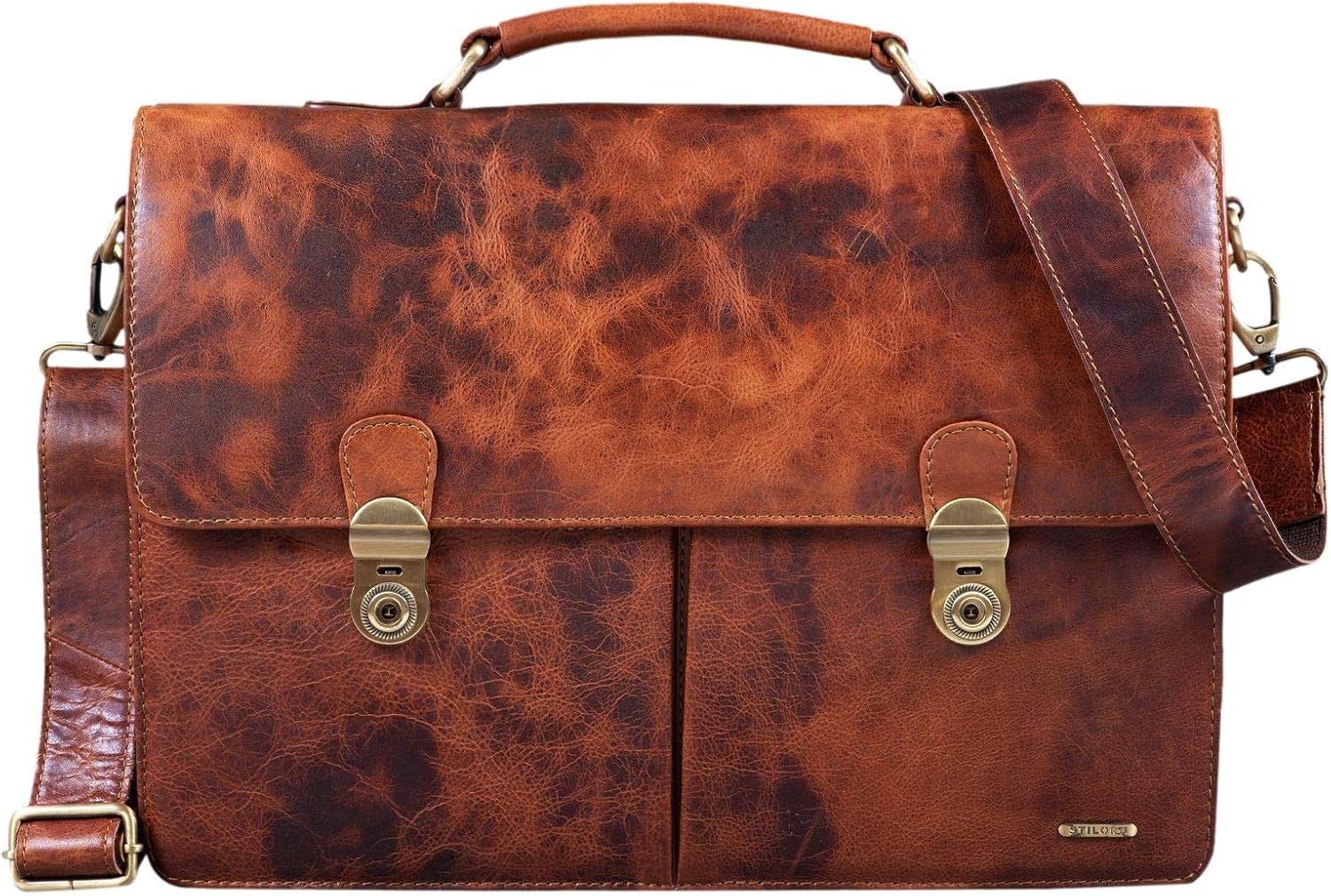 STILORD 'Arturo' Leather Briefcase Office Bag for Men Vintage Satchel Business Bag Classic for 13,3 Inch MacBook with Lock in Genuine Leather, Colour:Prestige - Brown - Image 4