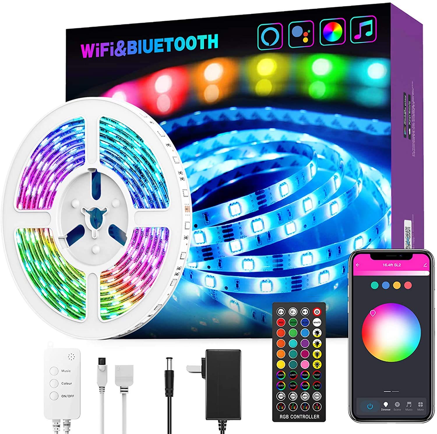 ICEWHWWL LED Strip Lights,5m WiFi LED RGB Lights Music Sync Colour Changing,LED Bluetooth Strips Lights with Remote for Bedroom TV Kitchen Studio DIY Christmas Decoration