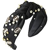Gmmidea Football Knotted Headband Pearl Rhinestone Game Day Headbands for Women Top Knot Beaded Jeweled Headband Wide Twist Sports Fan Hairband Football Hair Accessories Black