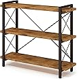 HCHQHS Bookshelf, 3-Tier Industrial Bookcase, Rustic Open Book Shelf, Wood and Metal Horizontal Bookshelves
