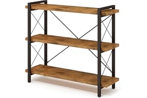 Bookshelf, 3-Tier Industrial Bookcase, Rustic Open Book Shelf, Wood and Metal Horizontal Bookshelves