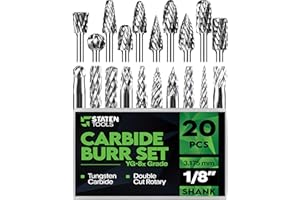 STATEN TOOLS Carbide Bur Set 1/8 Shank - 20 Pcs Double Cut Die Grinder Bits for Milling, Carving, Engraving, Deburring, Drilling, Hard Wood and Metals – YG-8x Tungsten Carbide Drill Bit Set for Rotary Tools