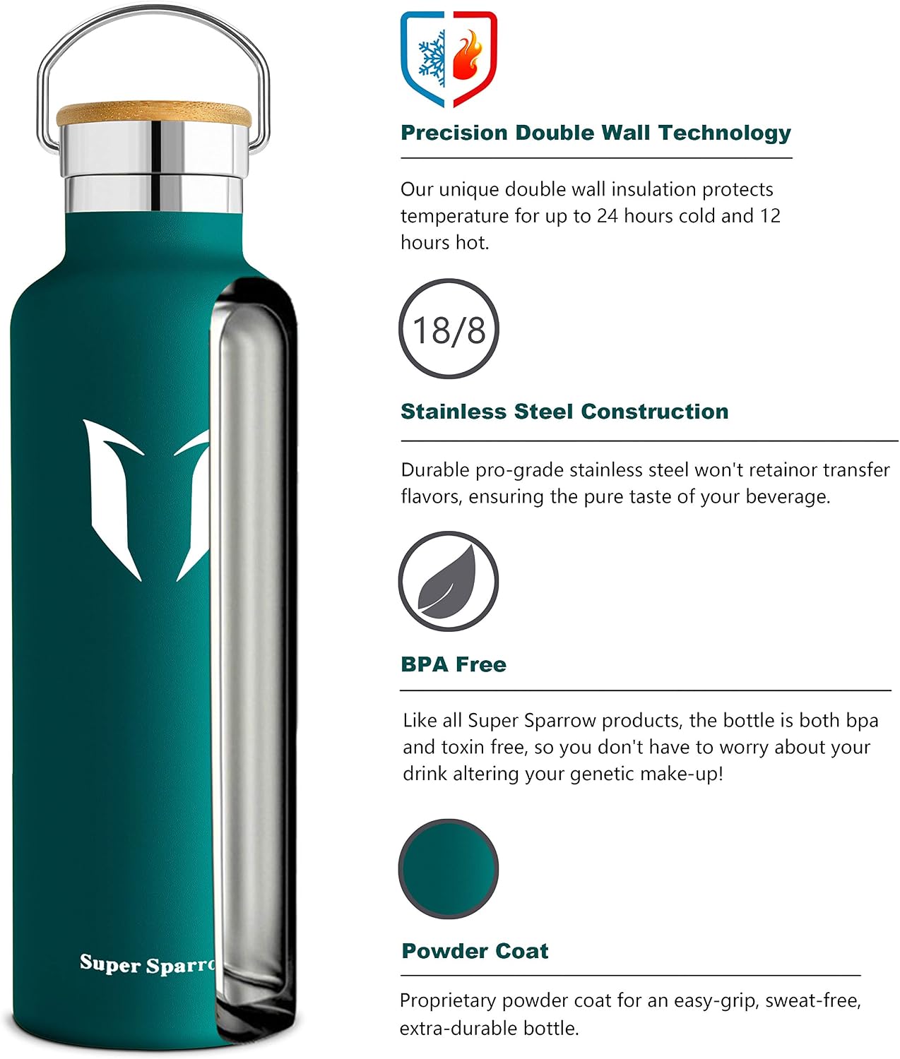 Super Sparrow Water Bottle Stainless Steel, 1000ml, Insulated Metal Water Bottles, Standard Mouth Flask, BPA Free - Image 5